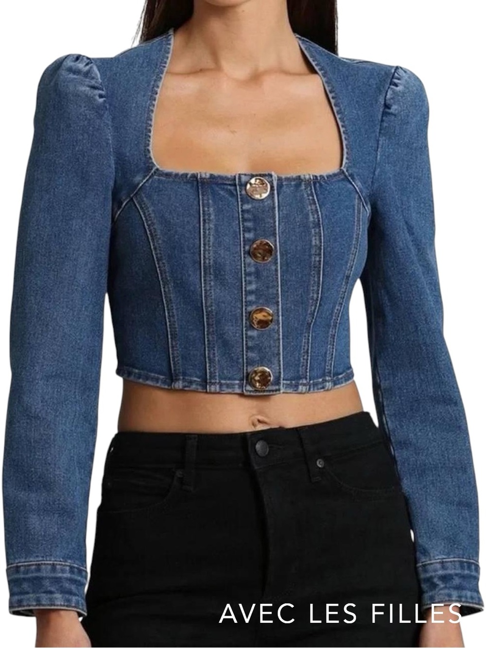 Avec Les Filles **NWT** Denim Puff Sleeve Square Neck Cropped Blue Jean Jacket - Picture 2 of 11